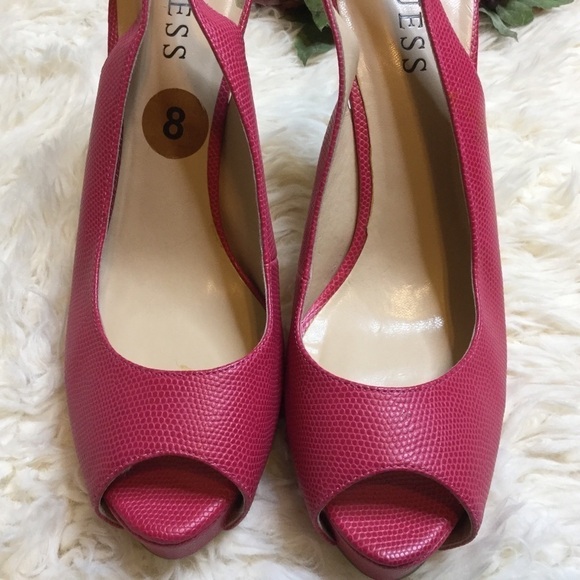 Guess Hot Pink Peep Toe Heels 4 3/4 inch heels - Picture 3 of 7